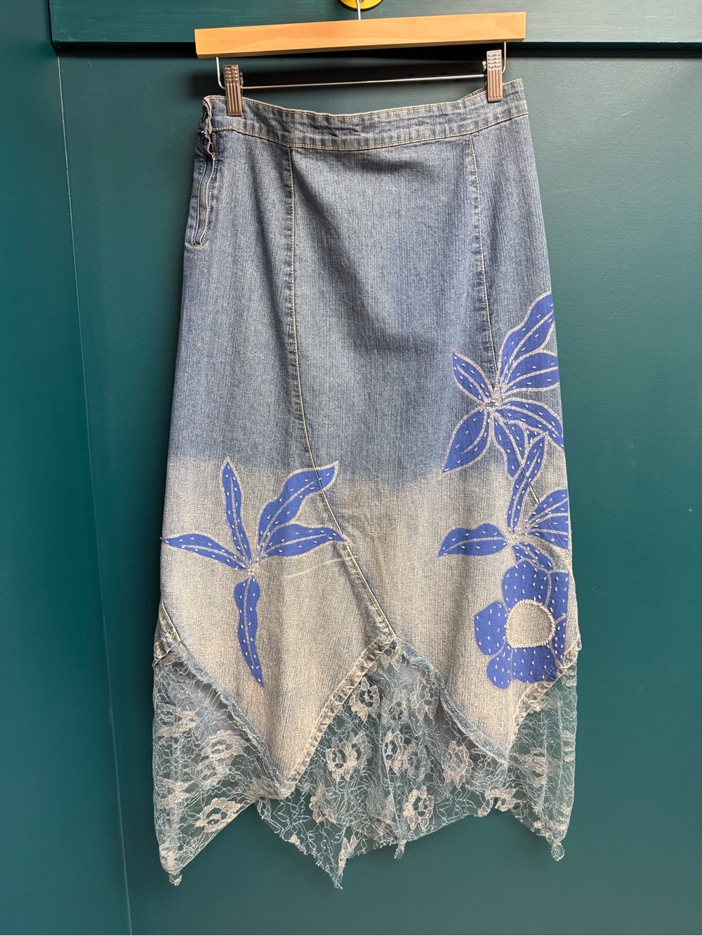 Vintage Custom Painted Blue Floral Denim Lace-Trim Midi Skirt